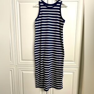 Sonoma Sz Small Sleeveless Maxi Dress Crew Neck Ankle Slits Navy + White Stripes